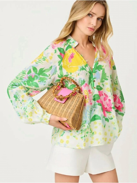 Lilly Pulitzer Tops - Lilly Pulitzer Floral Balloon-Sleeve Blouse in White, Green & Pink
